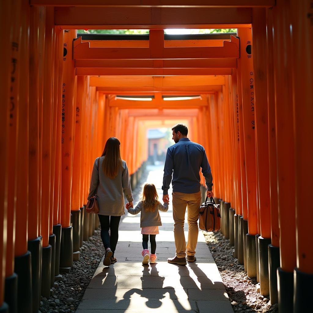 Family visiting Fushimi Inari Shrine in Kyoto, Japan during a family tour