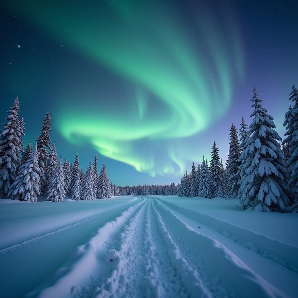 Finland Winter Wonderland: A snow-covered landscape with the Northern Lights dancing above, showcasing the magic of a Finnish winter.