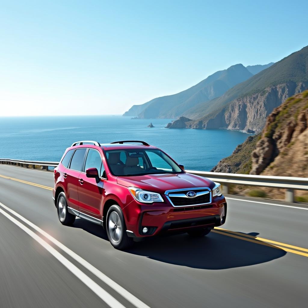 Forester XT Touring cruising along a scenic coastal highway in Japan, highlighting the freedom and exploration possibilities.