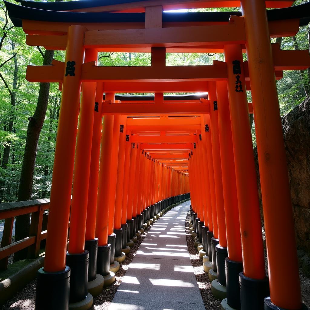 Fushimi Inari Shrine in Kyoto, Japan, with thousands of vibrant red torii gates winding up the mountainside.