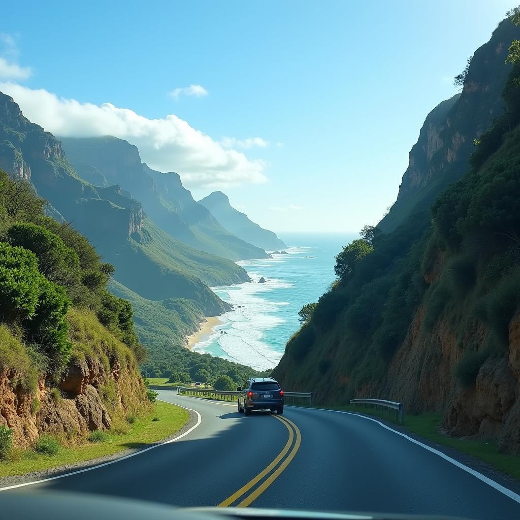 Car driving along the scenic coastal road of the Garden Route