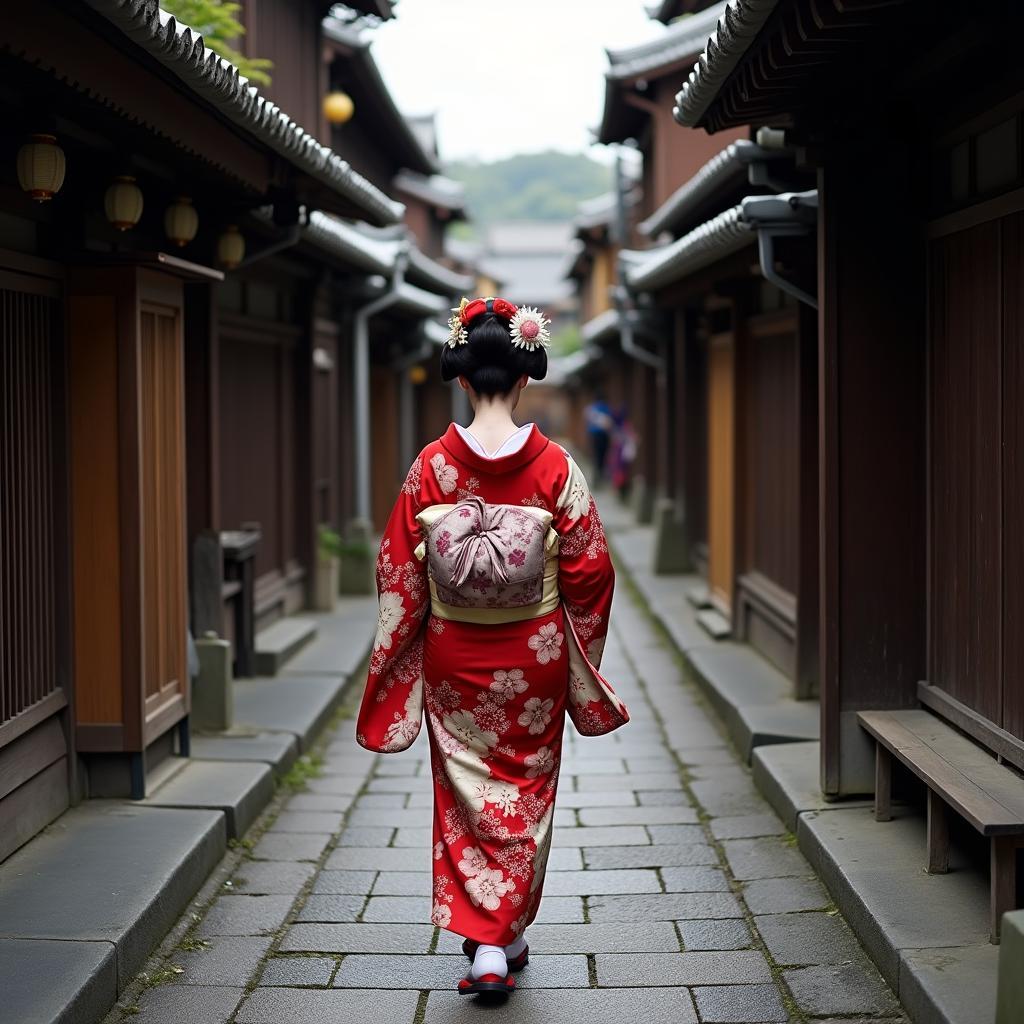 Geisha walking down a historic street in Kyoto, Japan