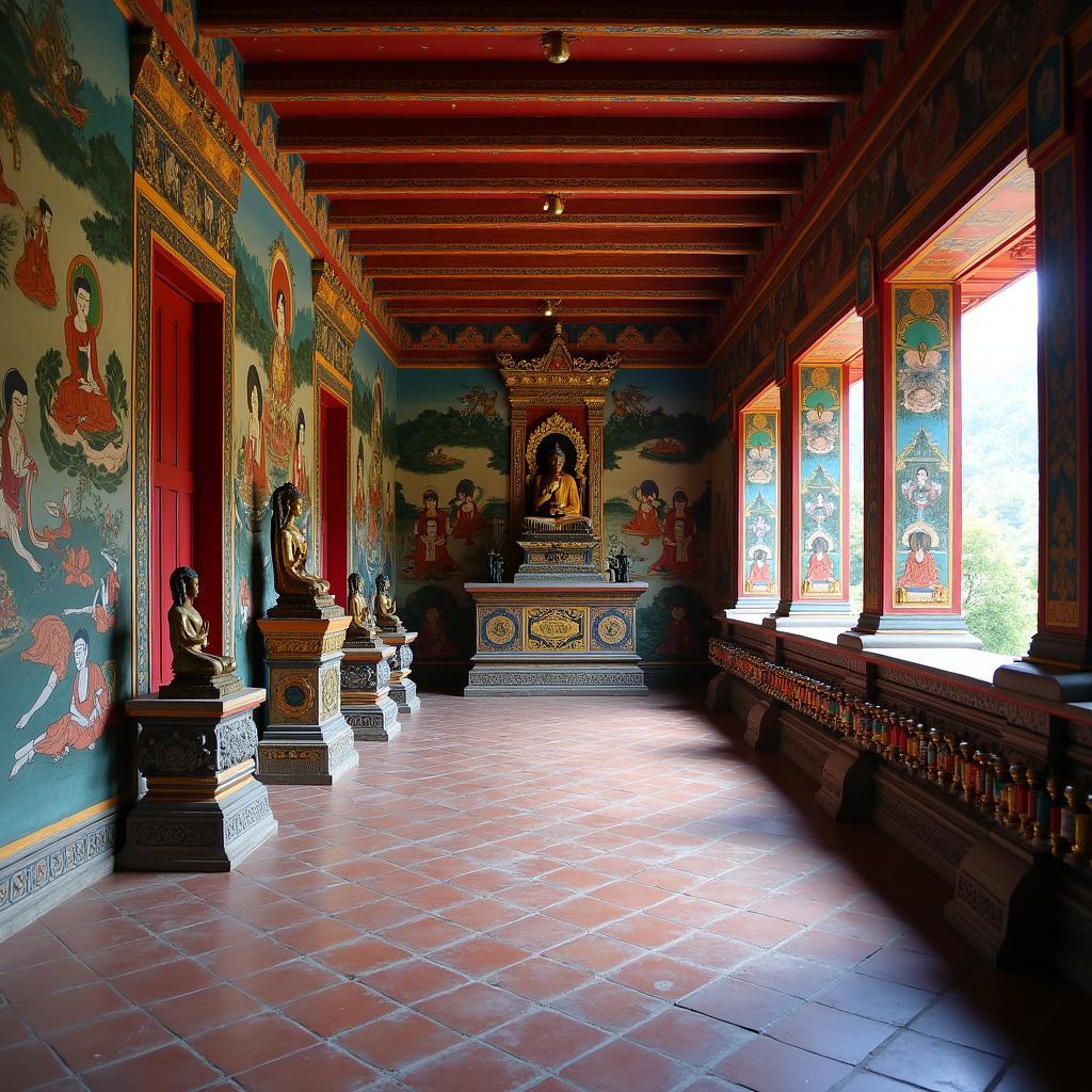 Interior of the Ghoom Monastery in Darjeeling with intricate murals, statues, and prayer wheels