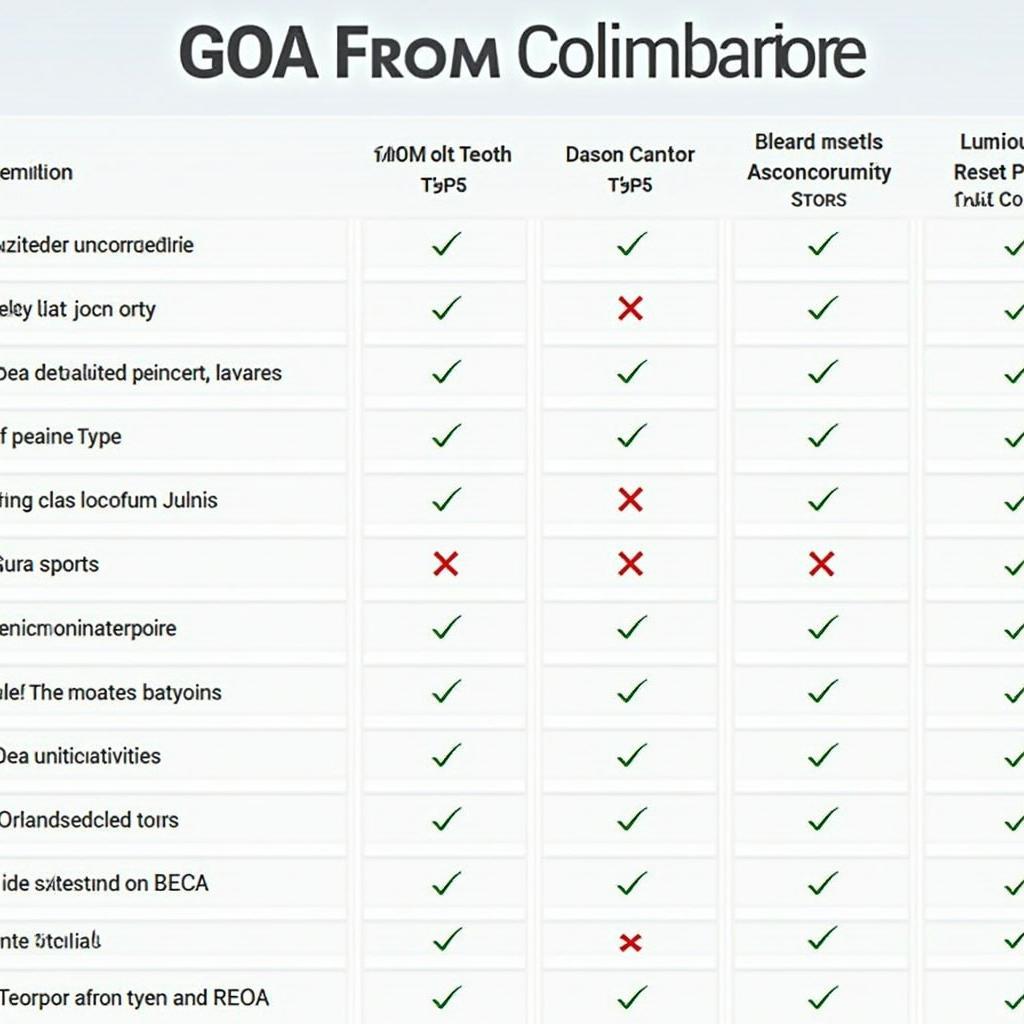 Comparison table of different Goa tour packages available from Coimbatore