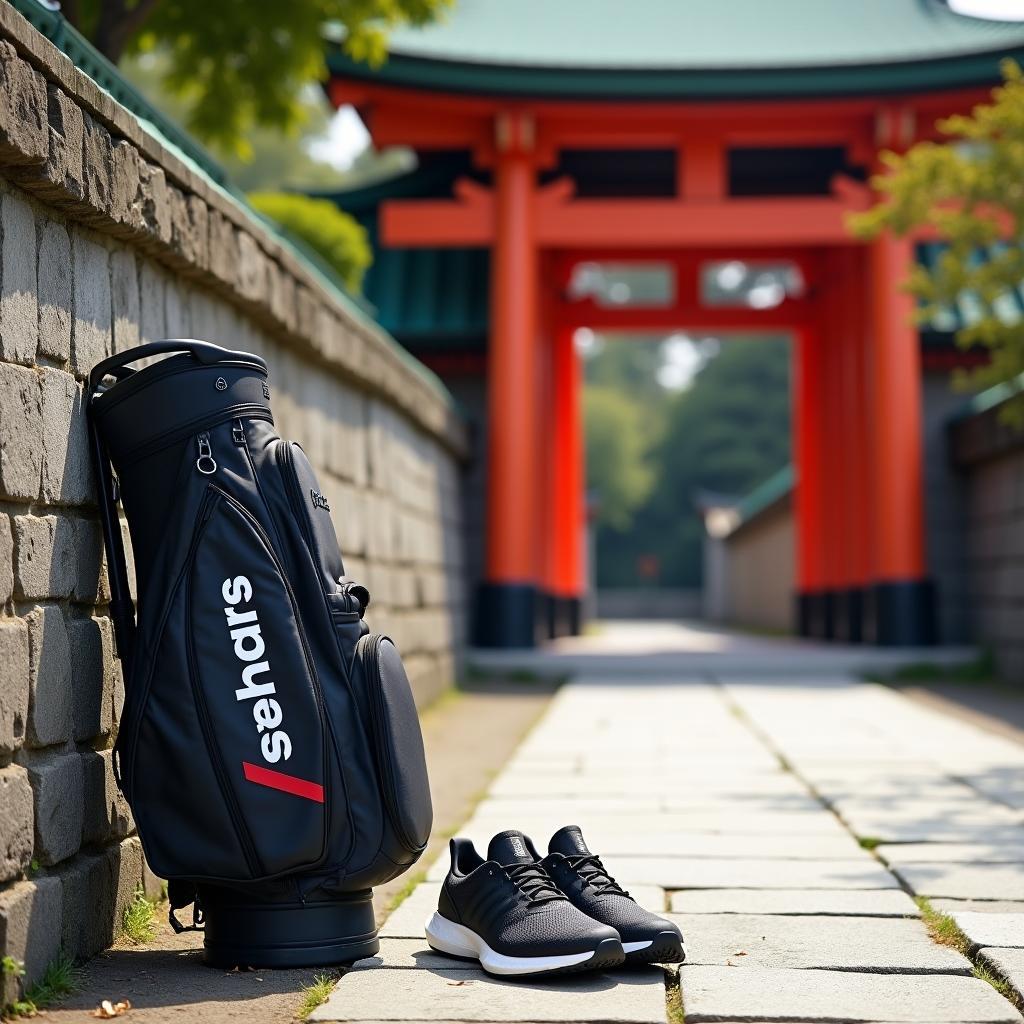 Golf bag with Adidas Tour 360 Boost shoes in front of a serene Japanese temple