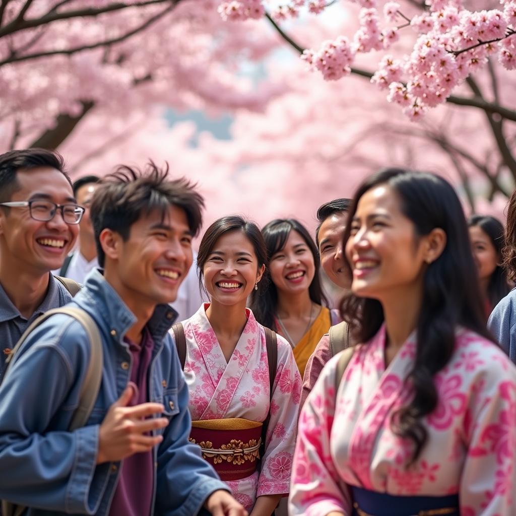 Group travel tour in Japan during cherry blossom season.