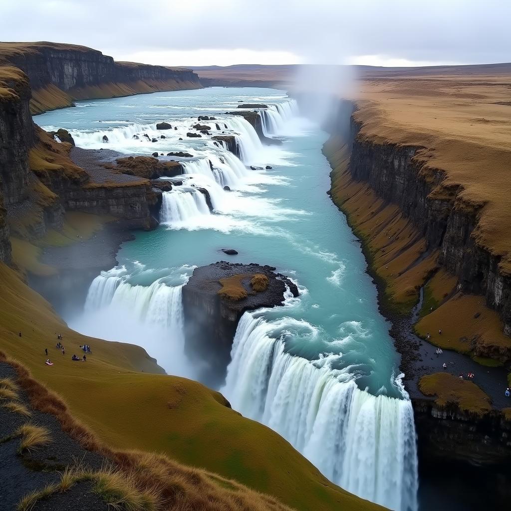 Aerial View of Gullfoss Waterfall and Surrounding Landscape