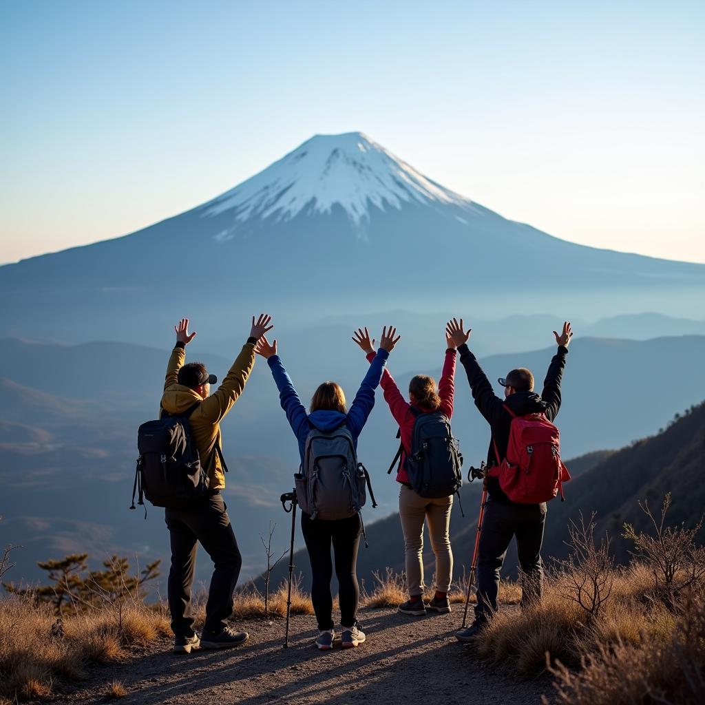 Hikers reaching the summit of Mount Fuji during a guided adventure tour in Japan