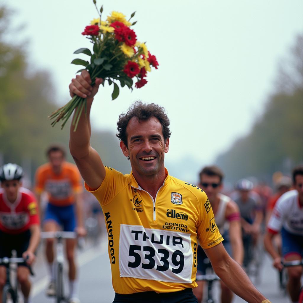 Bernard Hinault celebrating his fifth Tour de France victory in 1985.