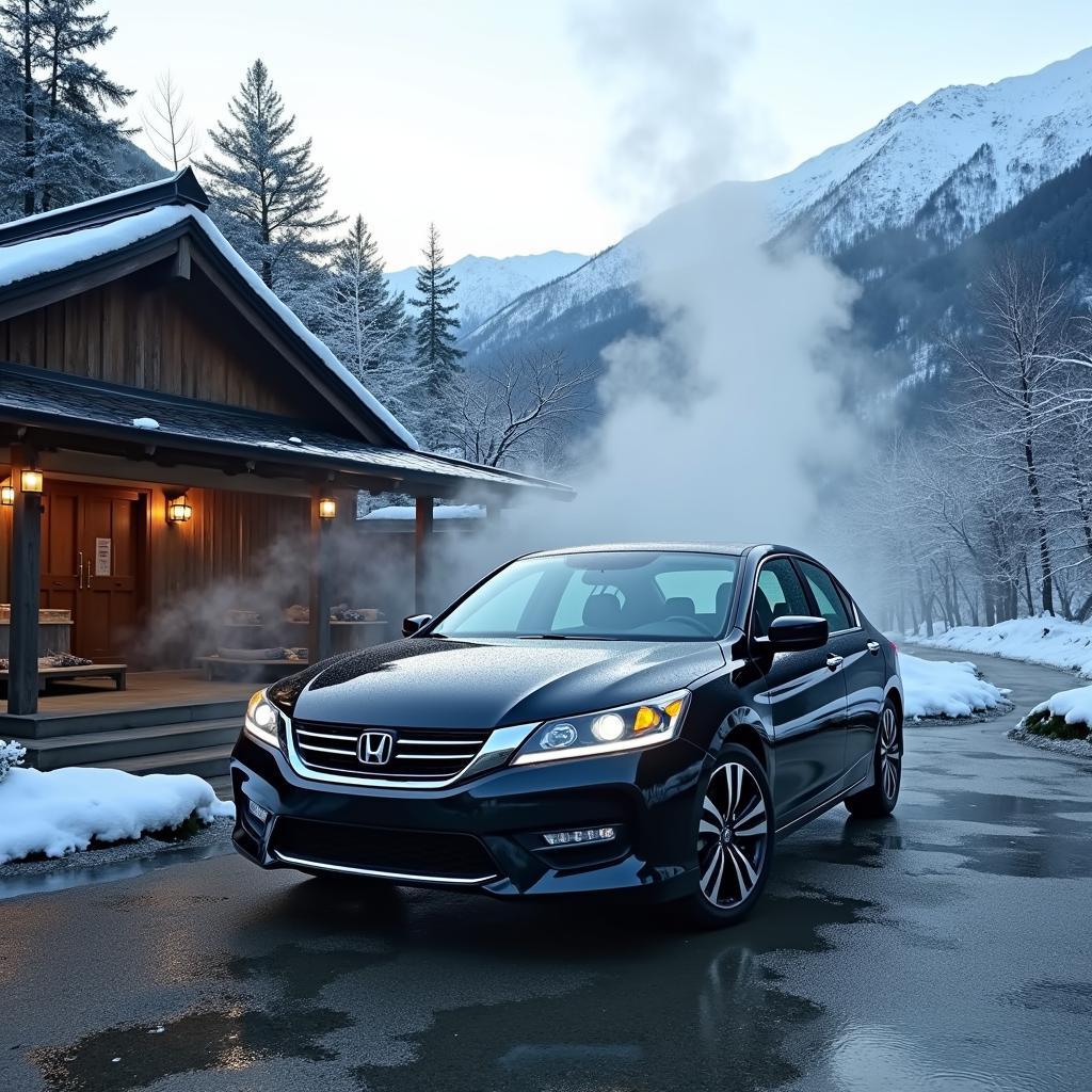 Honda Accord Hybrid Touring parked near an onsen in the Japanese Alps