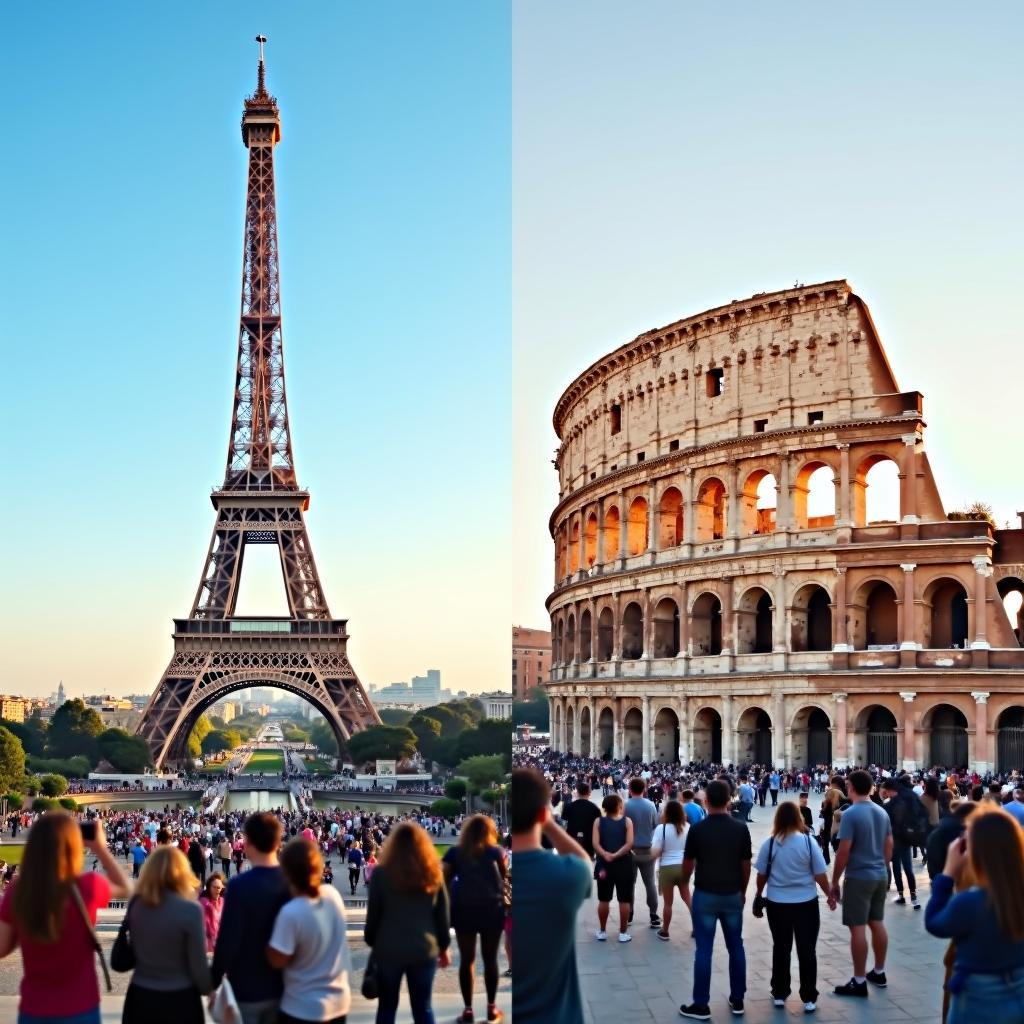 Tourists visiting the Eiffel Tower and Colosseum during a Best of Europe tour.