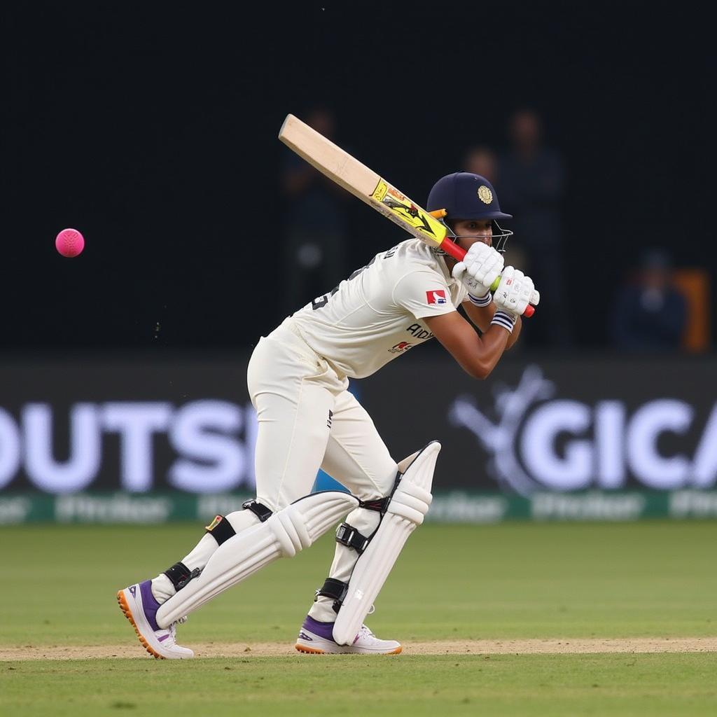 Smriti Mandhana hitting a boundary during the pink-ball test match between India and Australia in 2021