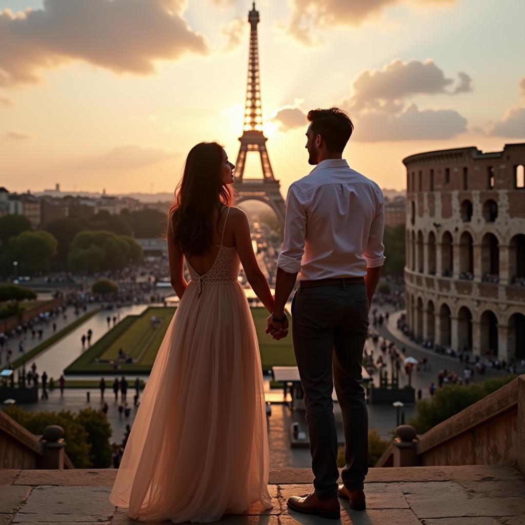 Romantic Couple enjoying their 10 day tour of Italy and France, taking in the sights of Eiffel Tower and Colosseum.