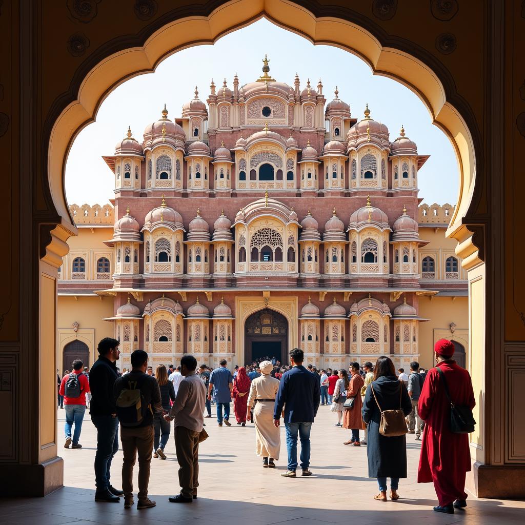 Tourists entering the ornate City Palace in Jaipur, Rajasthan, India