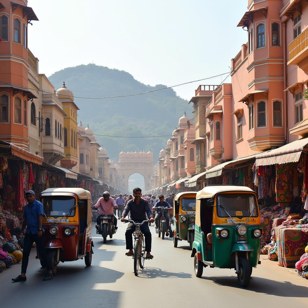 Jaipur's bustling commercial center with various travel options