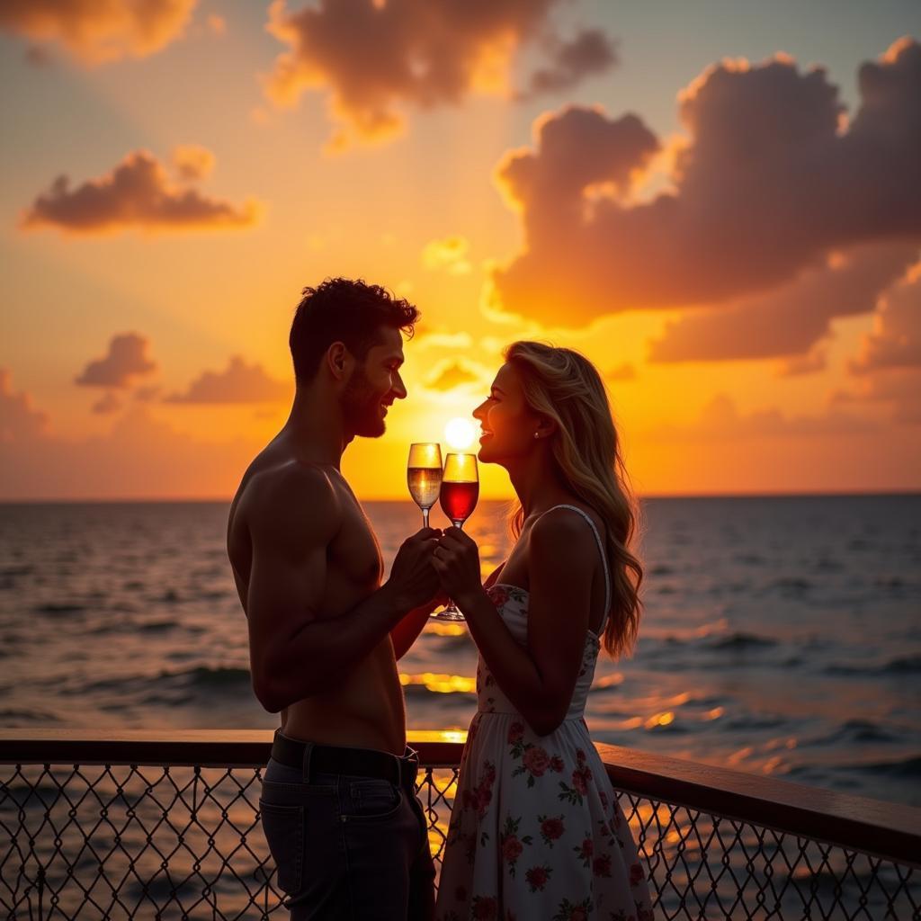 Jamaica Sunset Cruise Romantic Getaway: A couple silhouetted against a vibrant Caribbean sunset during a romantic cruise. The calm ocean reflects the warm hues of the sky, creating a magical ambiance.  In the distance, the faint outline of the Jamaican coastline can be seen. 