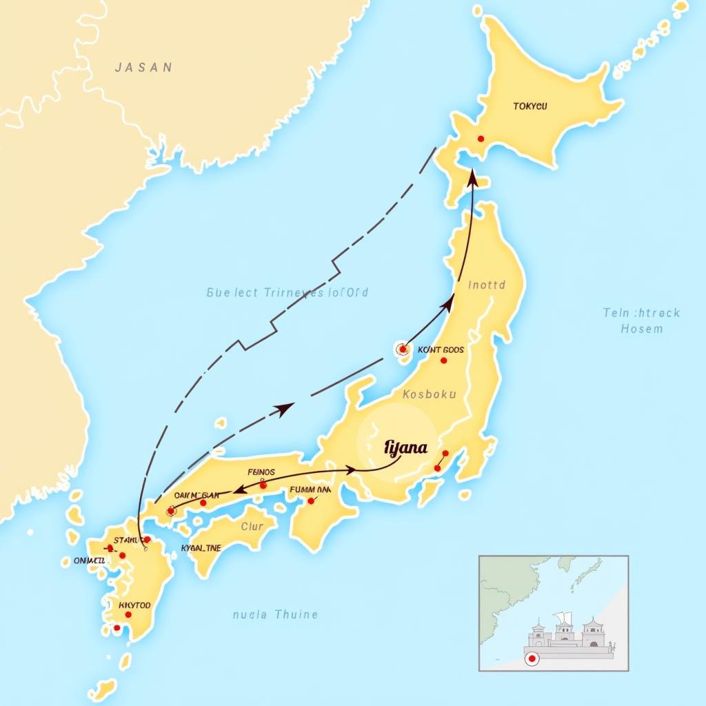 Map of Japan highlighting three popular tourist destinations for a 3-states package tour