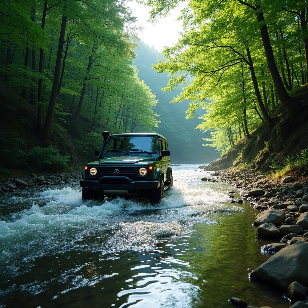 4x4 vehicle crossing a river in a Japanese forest