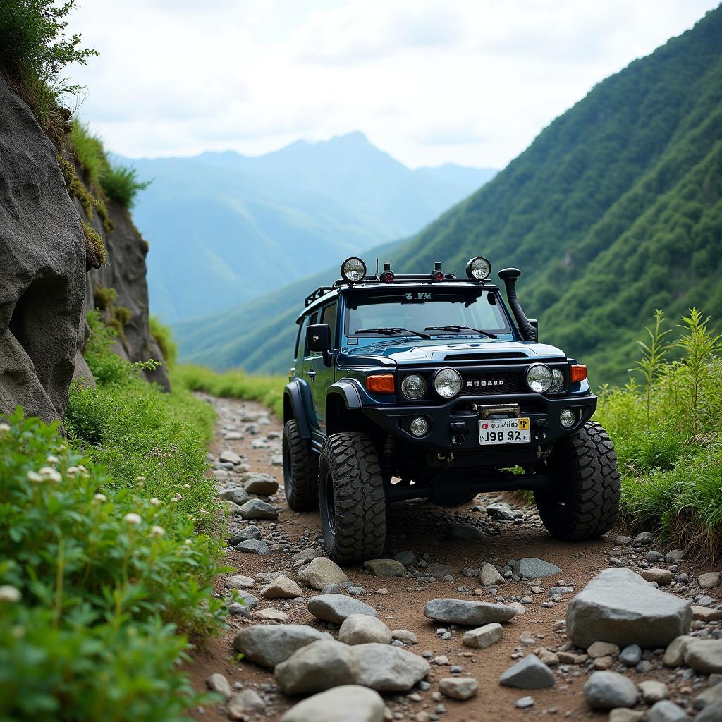 4x4 vehicle traversing a challenging mountain trail in Japan