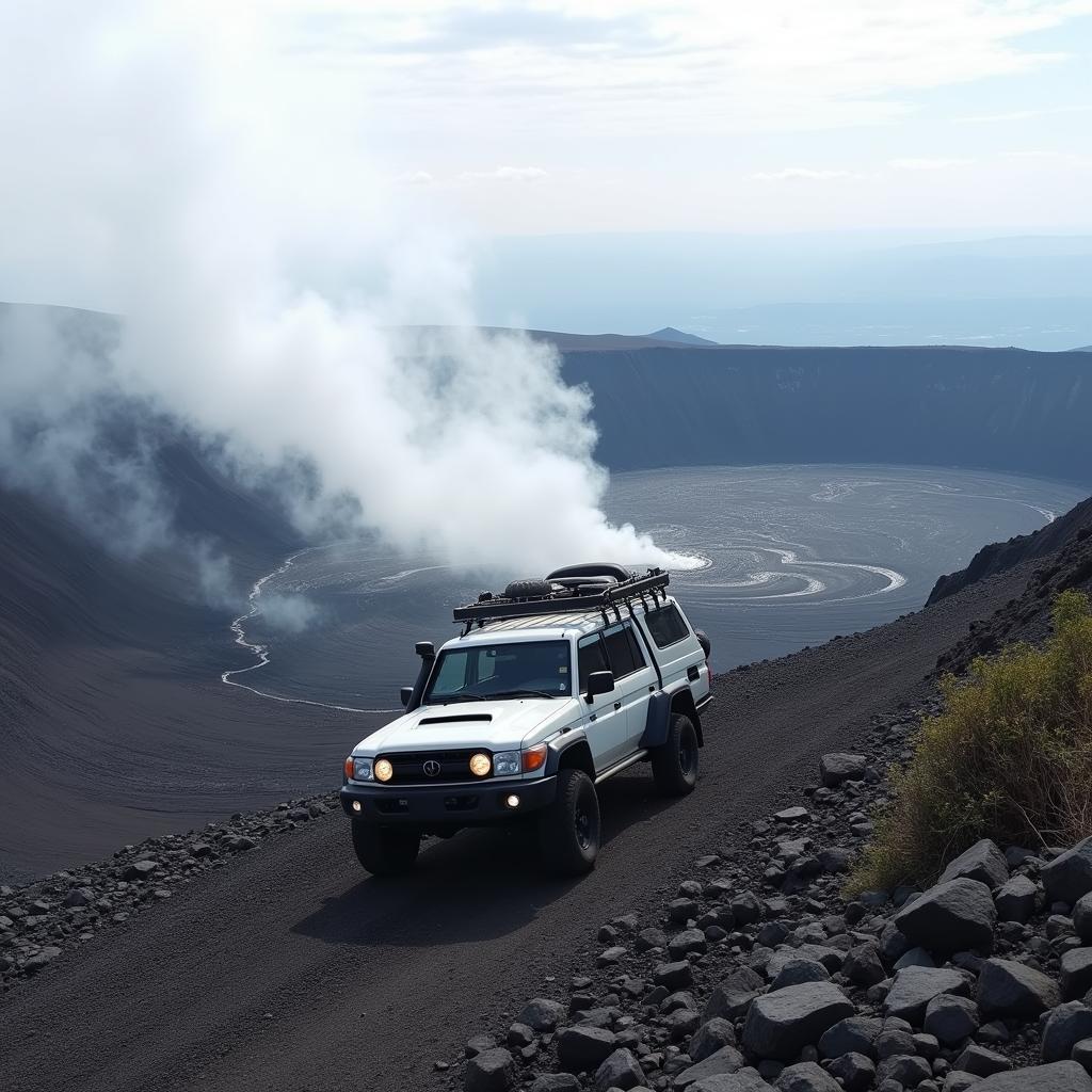 4x4 vehicle parked overlooking a volcanic landscape in Japan