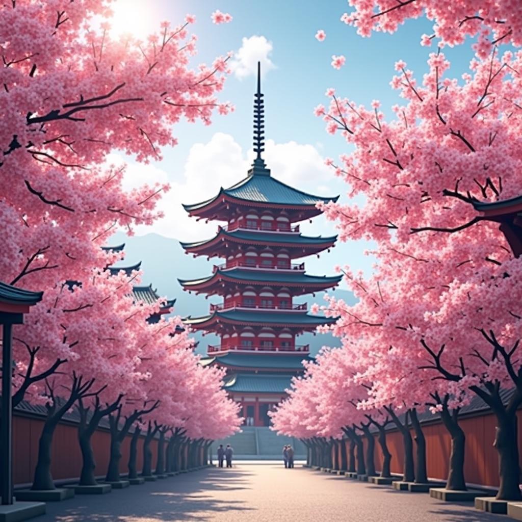 Ancient Japanese Temples in Cherry Blossom Season