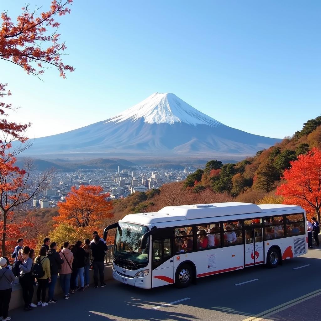 A scenic bus tour with Mount Fuji in the background