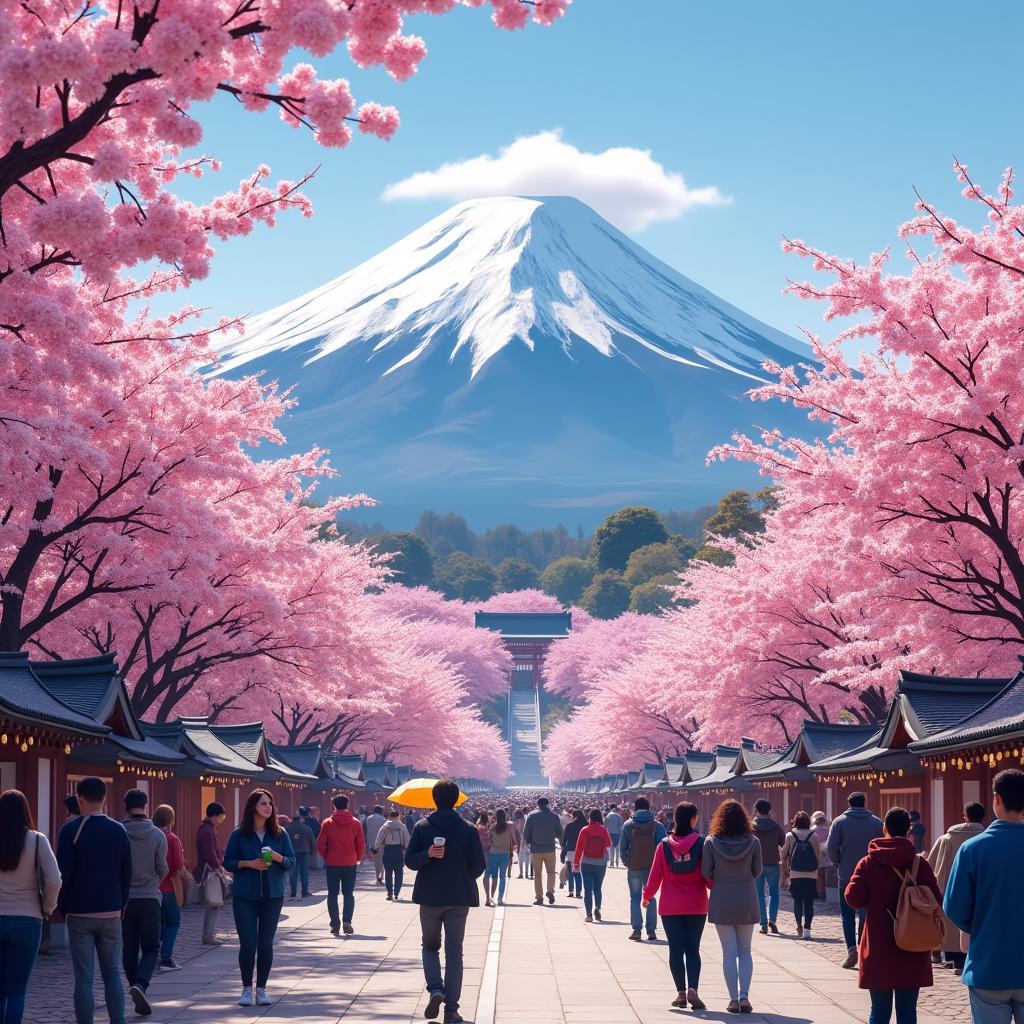 Cherry Blossom Festival in Japan with Mount Fuji in the background