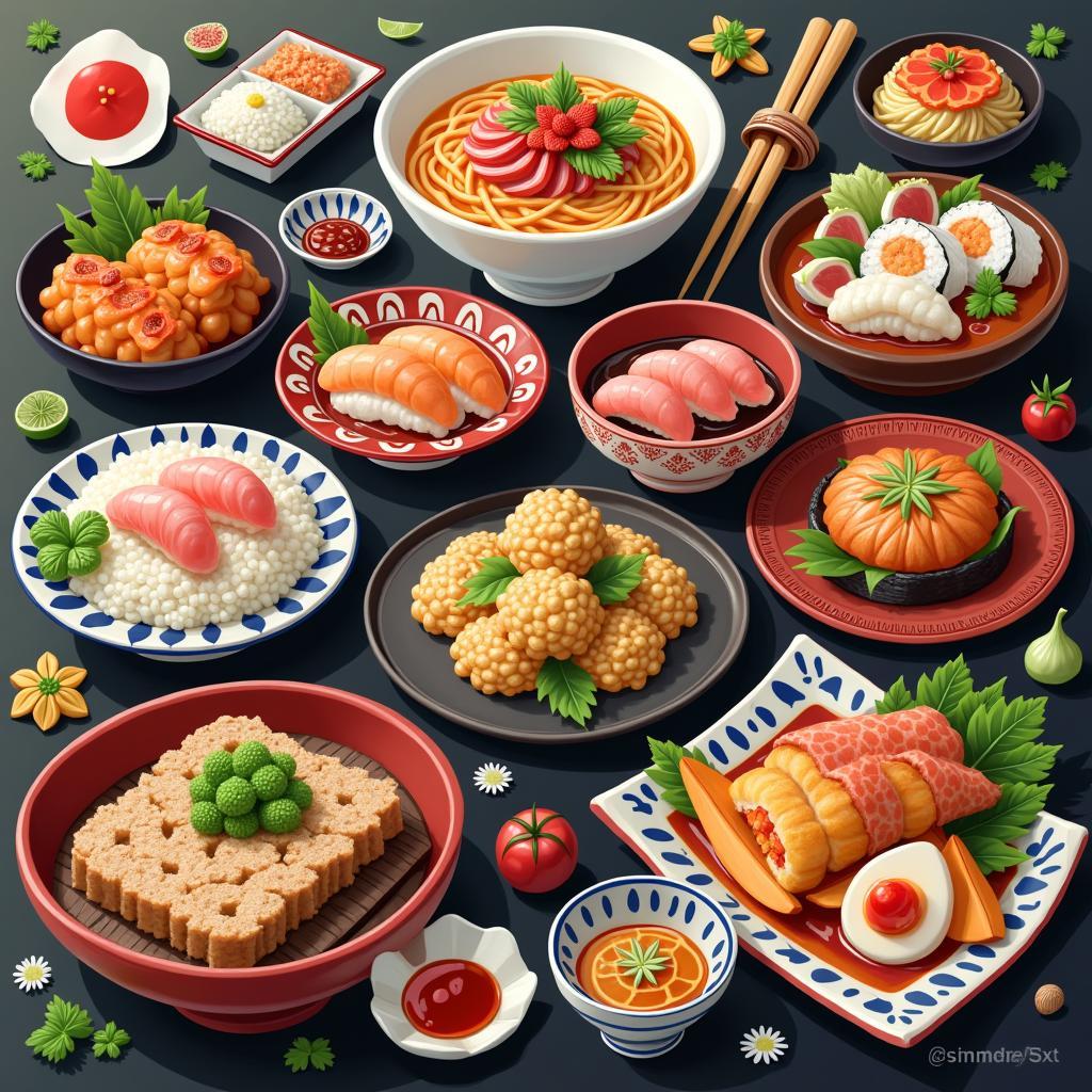 Assortment of Japanese Dishes: Sushi, Ramen, and Tempura