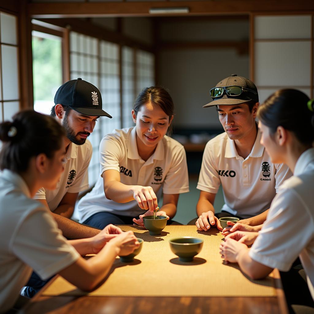 Cricket enthusiasts experiencing a traditional Japanese tea ceremony.