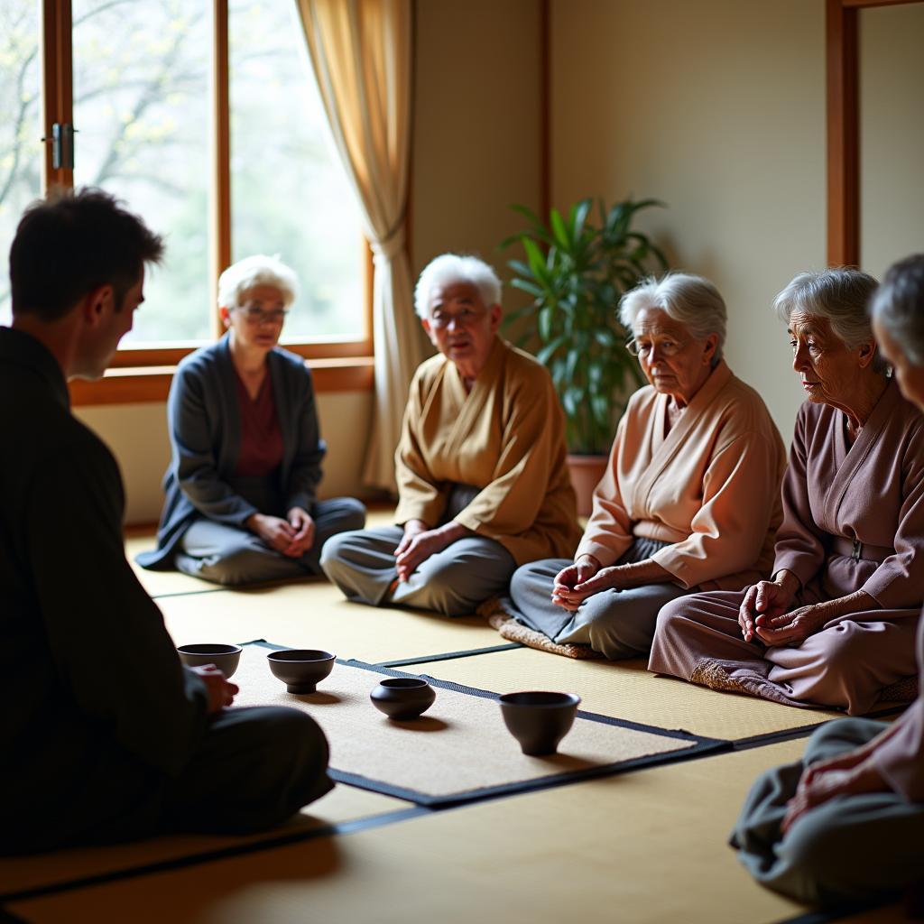 Senior citizens participating in a traditional Japanese tea ceremony.