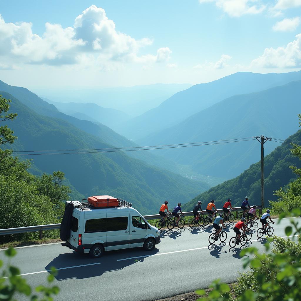 Scenic view of cyclists on a mountain road in Japan during a van supported tour