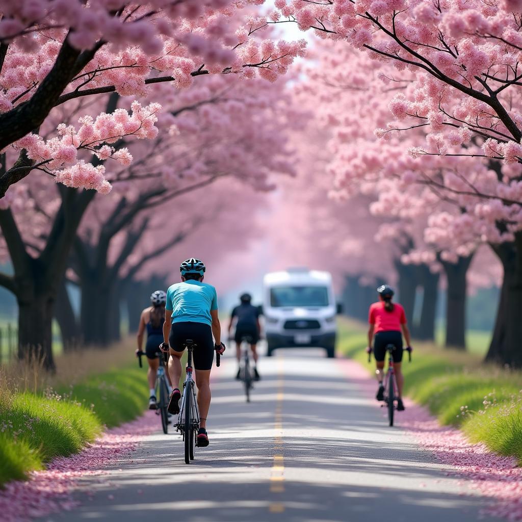 Cyclists riding under cherry blossom trees during a van supported tour in Japan