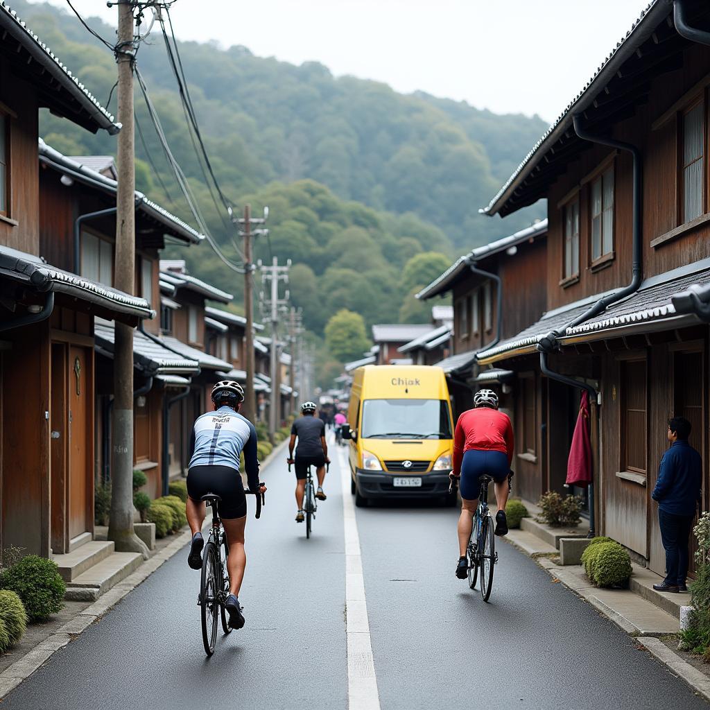 Cyclists passing through a traditional Japanese village during a van supported tour