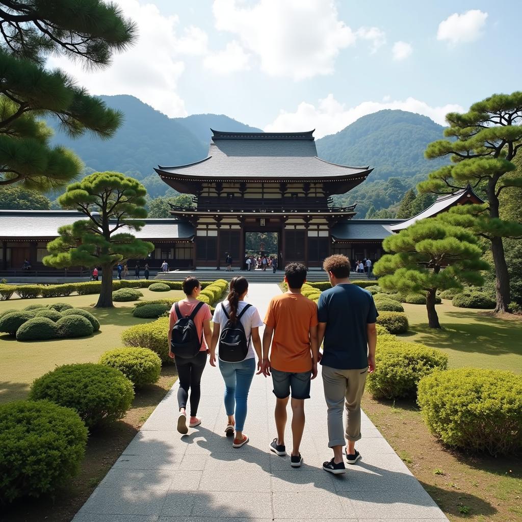 Friends exploring a temple in Kyoto on a group tour from Delhi