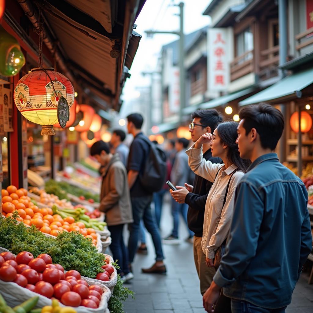 Tourists exploring a local market during their bus tour of Japan