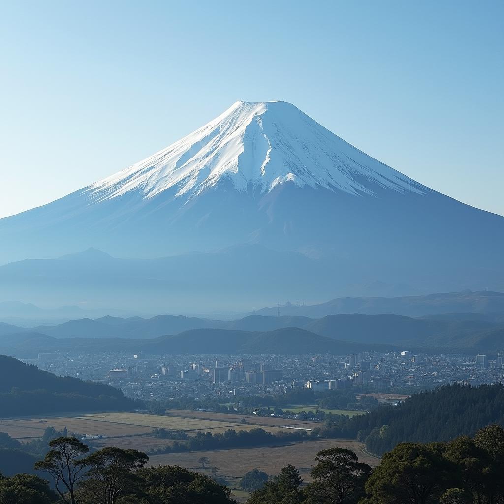 Mount Fuji towering over a serene Japanese landscape