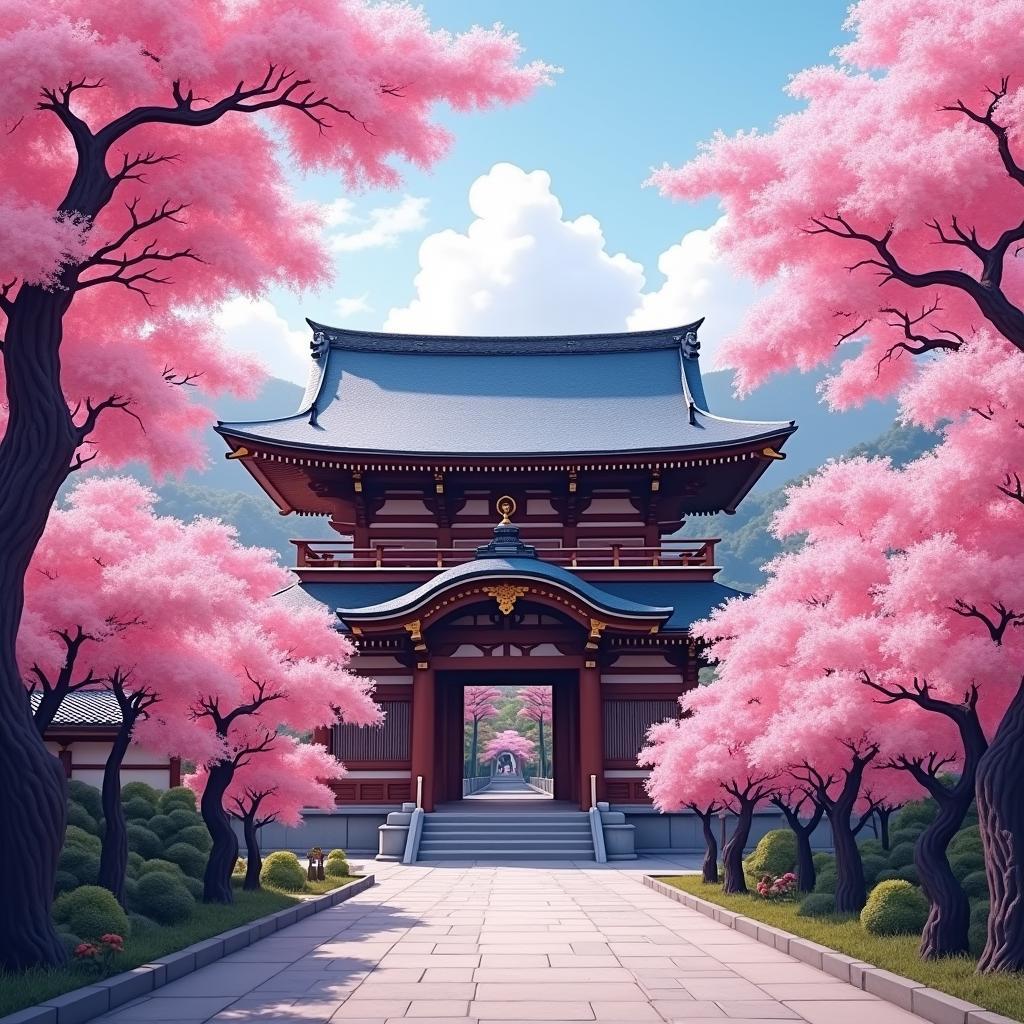 Japanese Temple Amidst Cherry Blossoms