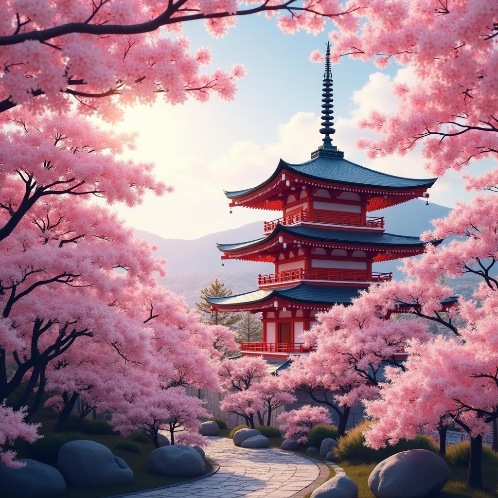 Cherry blossoms frame a traditional Japanese temple