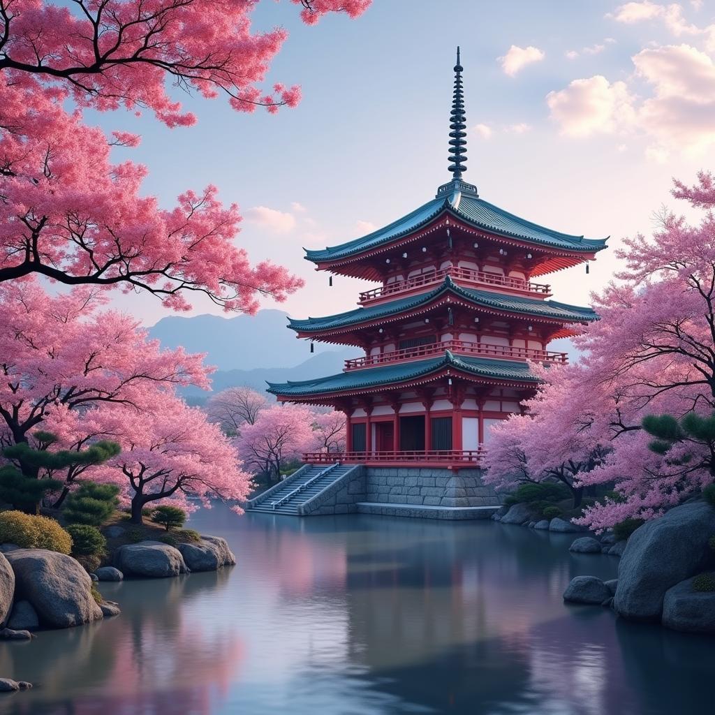 Ancient Japanese Temple amidst Cherry Blossoms