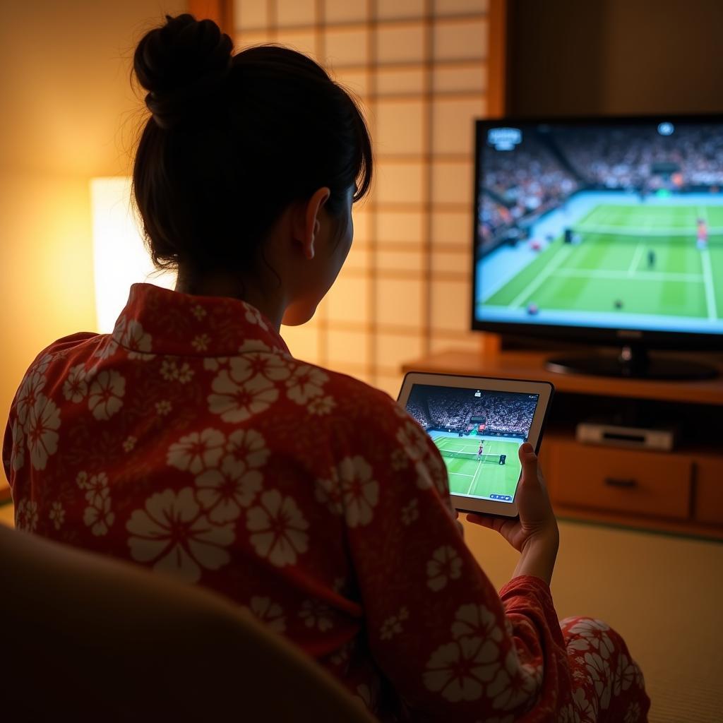 Japanese Tennis Fan Watching ATP Tour on Mobile Device in Traditional Ryokan