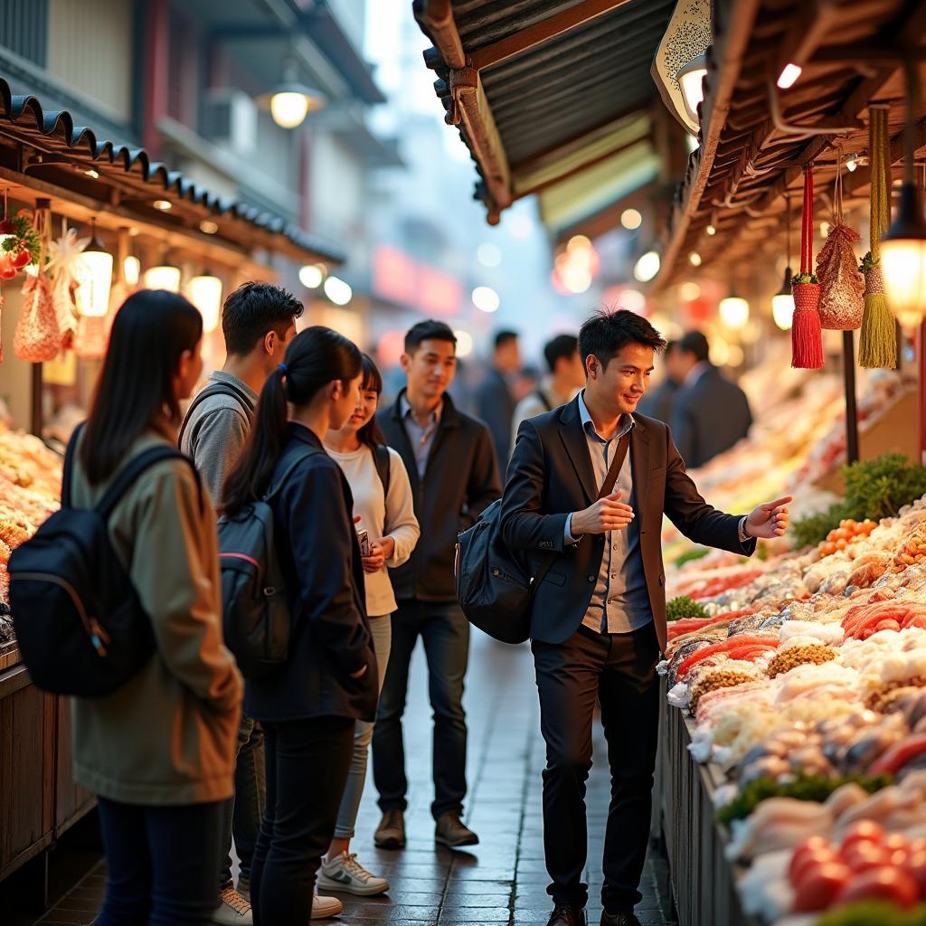 A knowledgeable tour guide leading a group of tourists through a bustling Japanese market, explaining local customs and traditions.