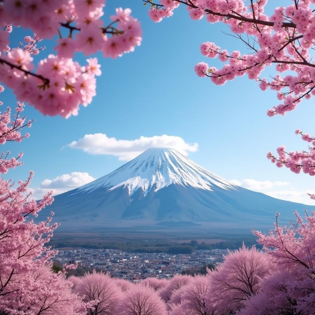 A breathtaking view of Mount Fuji with cherry blossoms in the foreground, symbolizing the beauty of Japan and the appeal of tour packages from Ottawa.