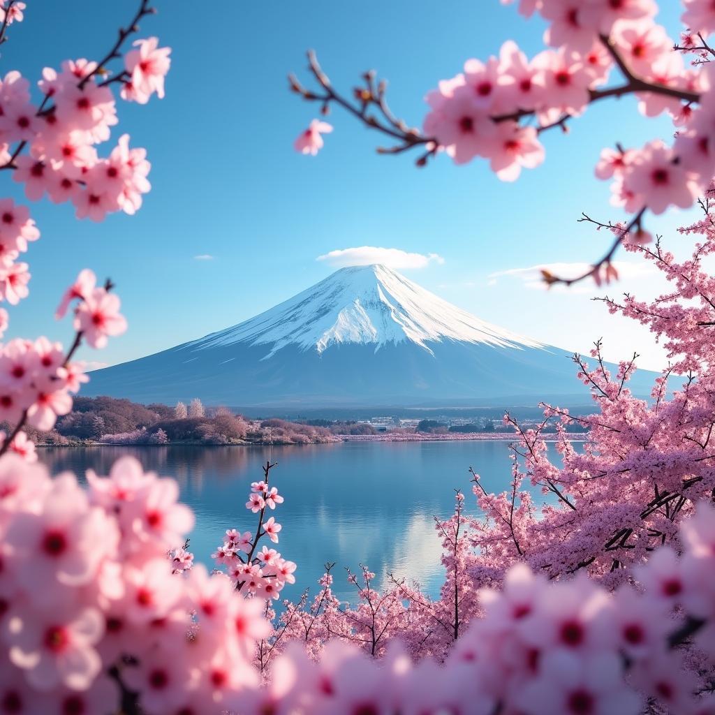 Japan Tour Packages from Trivandrum: A scenic view of Mount Fuji with cherry blossoms in the foreground, representing the iconic beauty of Japan that awaits travelers from Trivandrum.