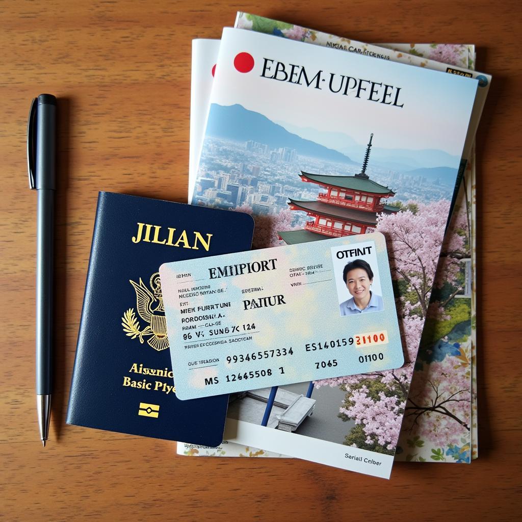 Essential travel documents including passport, visa, and flight tickets are displayed on a table with a Japan travel guide.