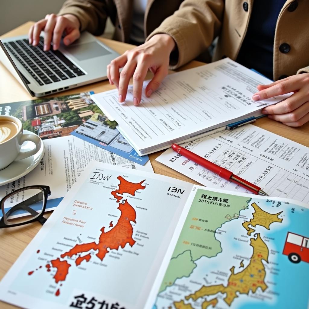 Planning Your Japan Trip: A person reviewing travel itineraries and maps of Japan.