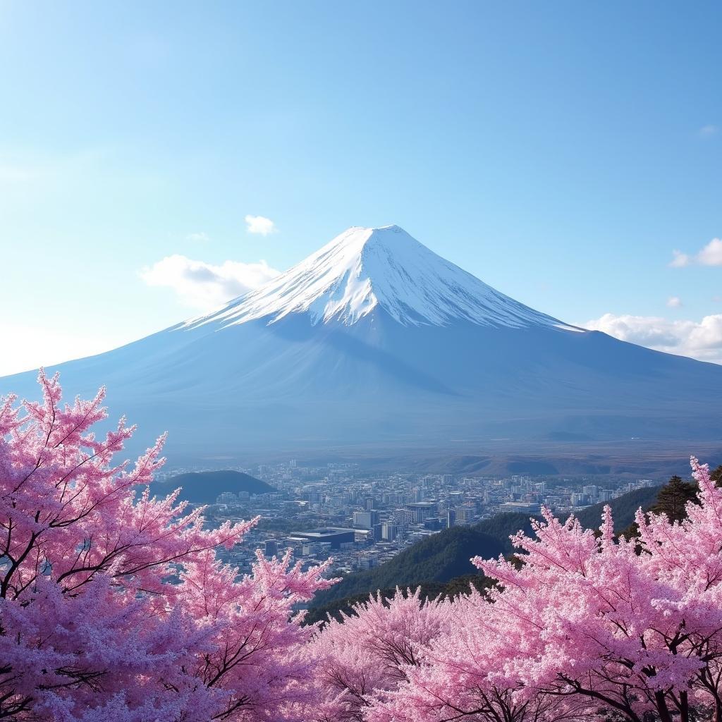 Scenic View of Mount Fuji with Cherry Blossoms