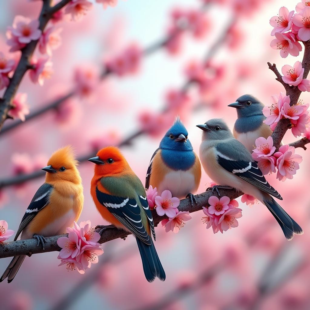 Japanese Birds Amidst Cherry Blossoms