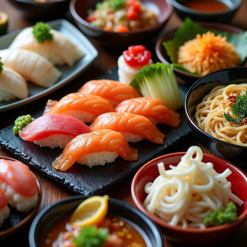 Assortment of Japanese Cuisine including Sushi, Ramen and Tempura