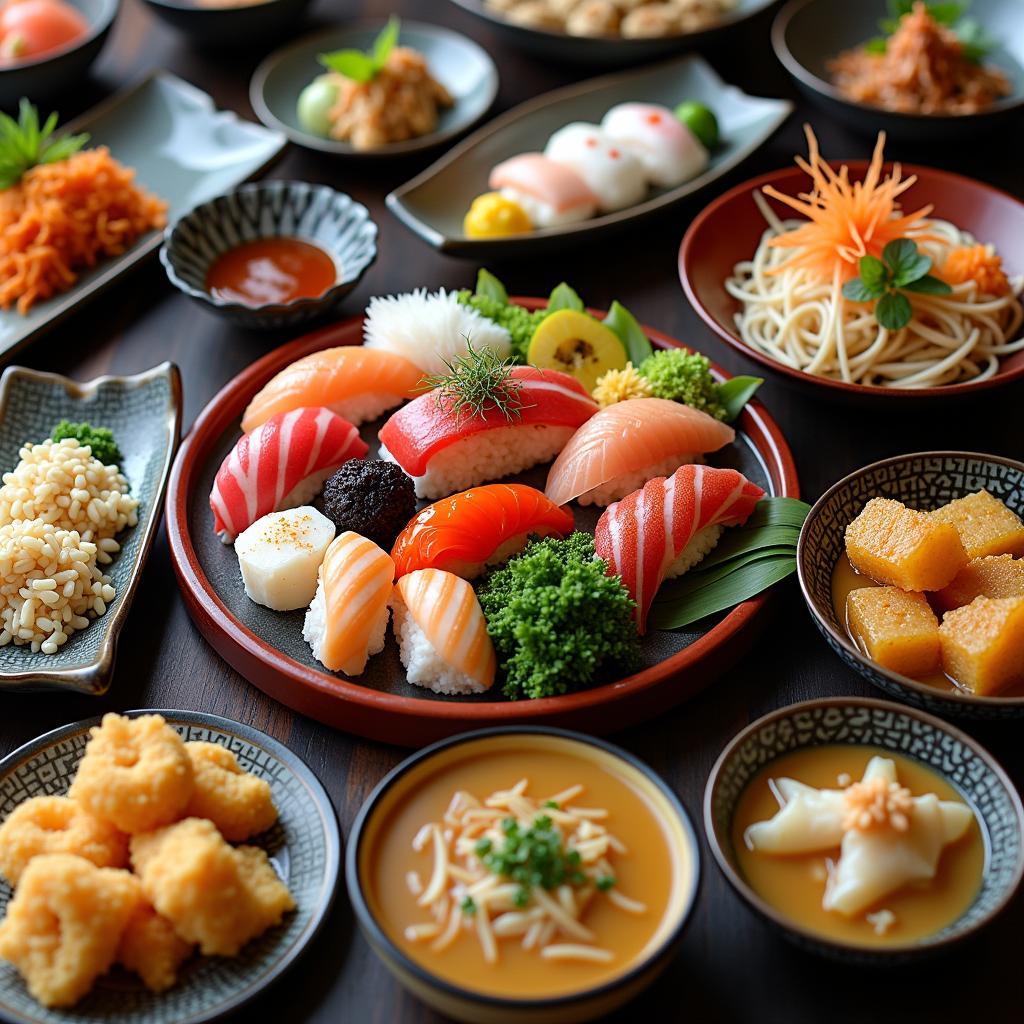 A Delicious Spread of Japanese Cuisine: Sushi, Ramen, and Tempura