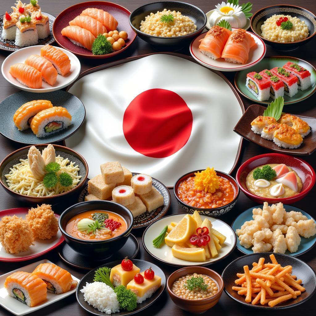 A variety of Japanese cuisine including sushi, ramen, and tempura.